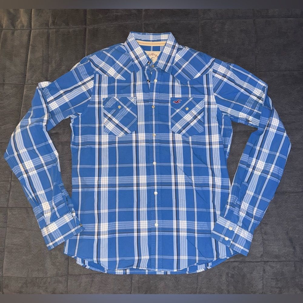 Hollister Mens Blue Plaid Y2K Western Yoke Button Up Long Sleeve Shirt Size XL